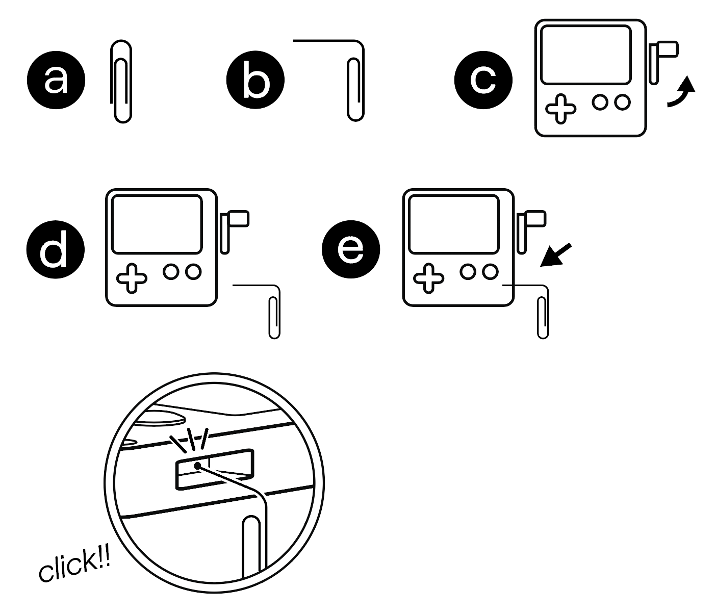 Steps to force-restart your Playdate by pushing the button inside the crank dock.